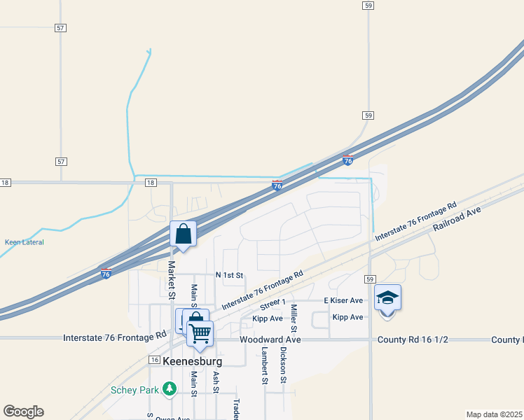 map of restaurants, bars, coffee shops, grocery stores, and more near 303 Thomas Avenue in Keenesburg