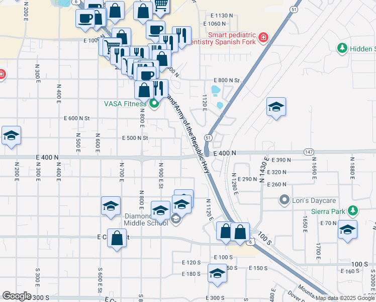 map of restaurants, bars, coffee shops, grocery stores, and more near 537 Lynnbrook Drive in Spanish Fork