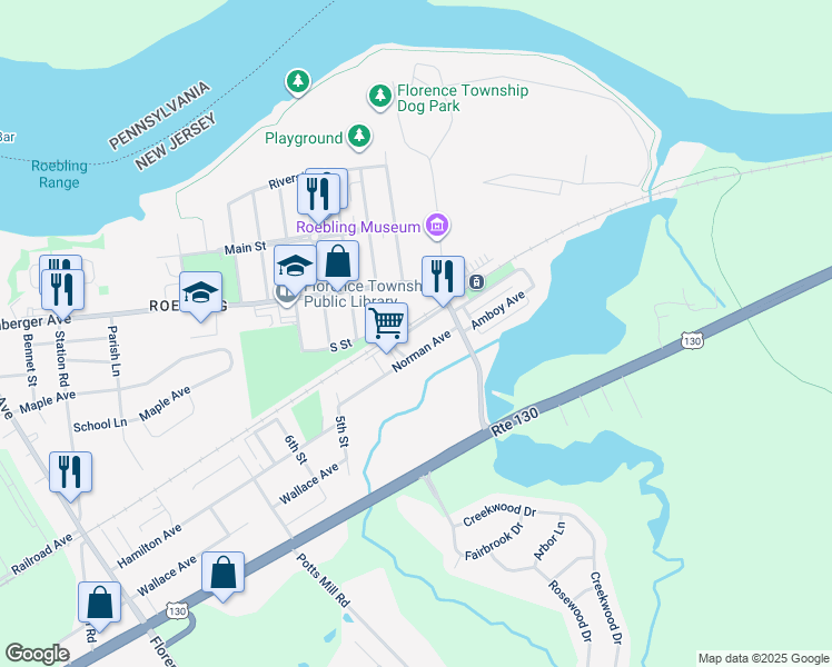 map of restaurants, bars, coffee shops, grocery stores, and more near 50A Alden Avenue in Florence