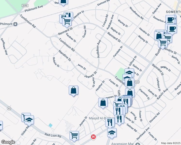 map of restaurants, bars, coffee shops, grocery stores, and more near 408 Tomlinson Road in Philadelphia