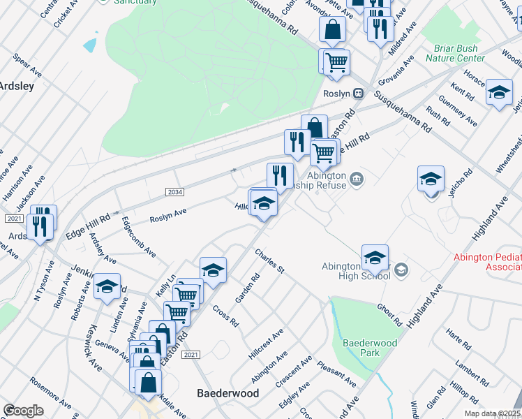 map of restaurants, bars, coffee shops, grocery stores, and more near 870 Hilldale Road in Glenside