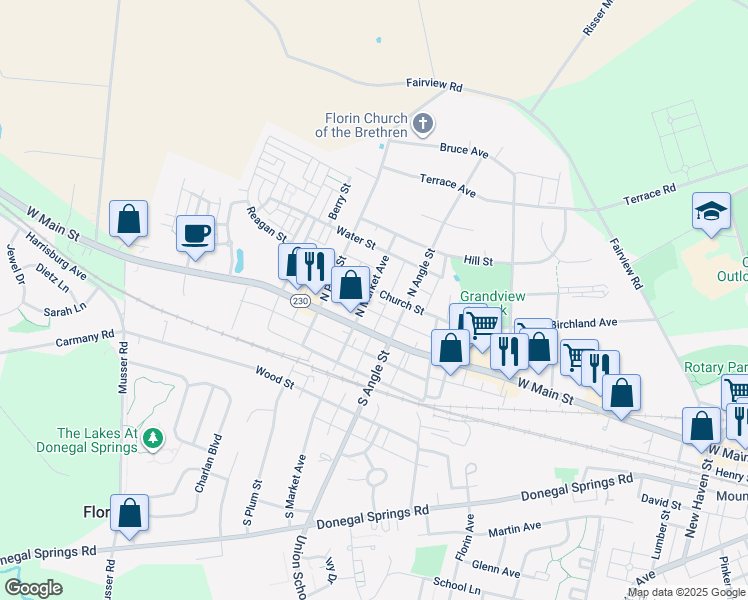 map of restaurants, bars, coffee shops, grocery stores, and more near 221 North Market Avenue in Mount Joy