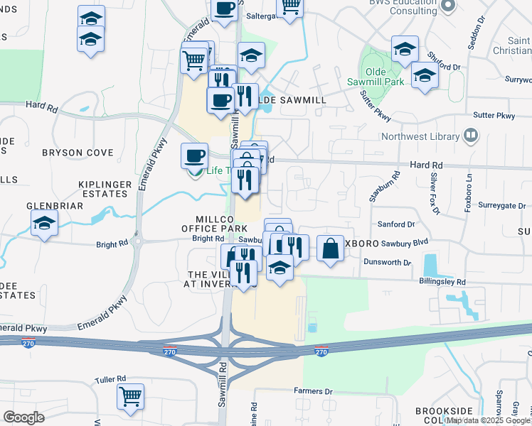 map of restaurants, bars, coffee shops, grocery stores, and more near 7866 Meadowhaven Boulevard in Columbus