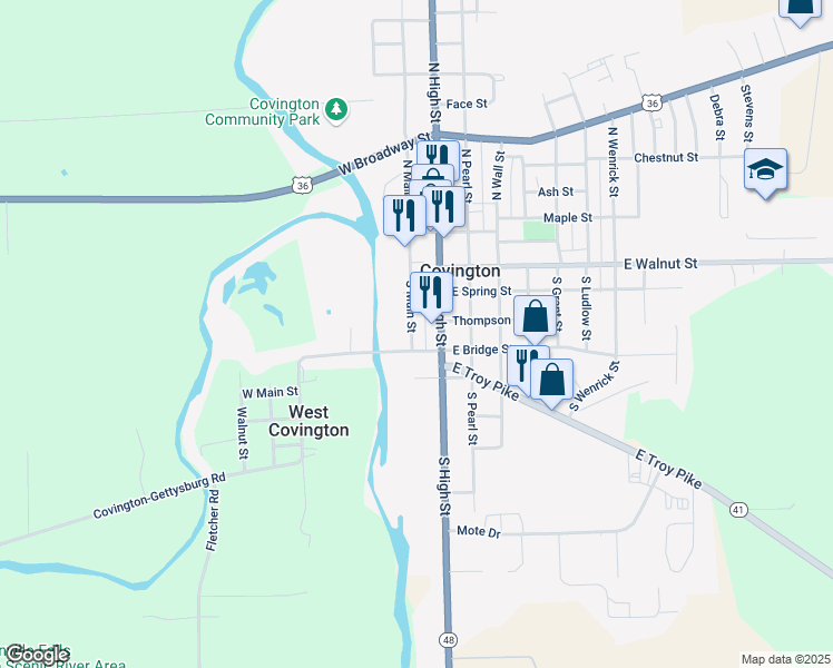 map of restaurants, bars, coffee shops, grocery stores, and more near 116 South Main Street in Covington