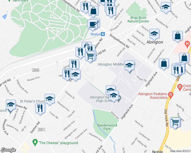 map of restaurants, bars, coffee shops, grocery stores, and more near 2219 Florey Lane in Glenside