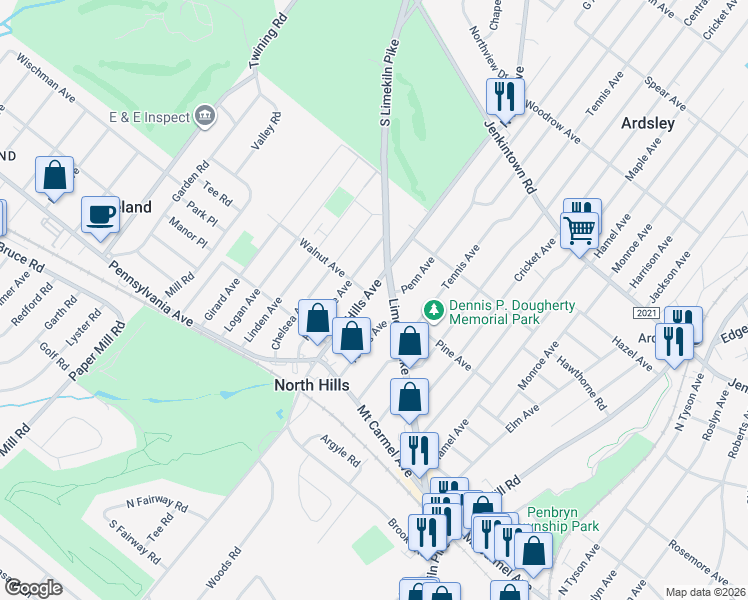 map of restaurants, bars, coffee shops, grocery stores, and more near 3030 Limekiln Pike in Glenside