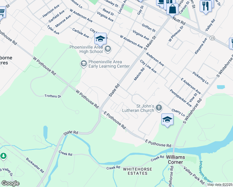 map of restaurants, bars, coffee shops, grocery stores, and more near 1411 State Road in Phoenixville