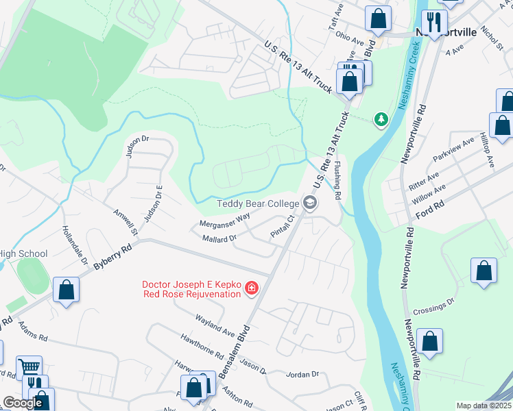 map of restaurants, bars, coffee shops, grocery stores, and more near 5157 Merganser Way in Bensalem
