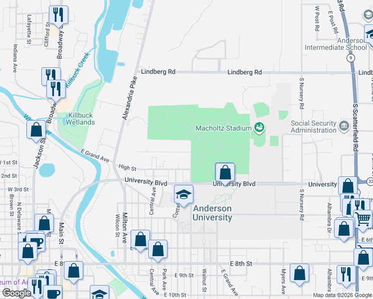map of restaurants, bars, coffee shops, grocery stores, and more near 909 Harvey Street in Anderson