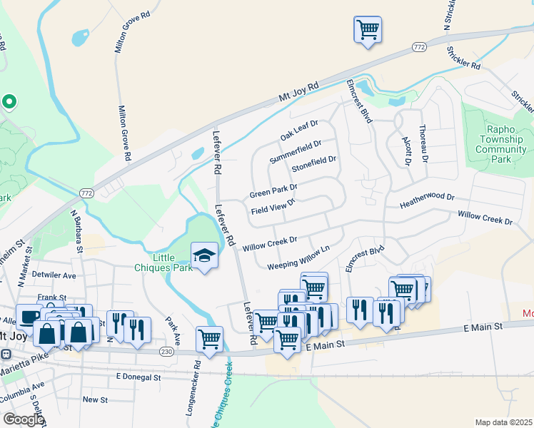 map of restaurants, bars, coffee shops, grocery stores, and more near 5027 Field View Drive in Mount Joy