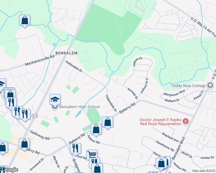 map of restaurants, bars, coffee shops, grocery stores, and more near 1749 Hollandale Drive in Bucks County