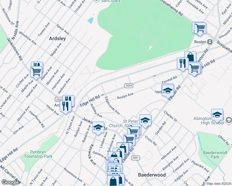 map of restaurants, bars, coffee shops, grocery stores, and more near 684 Edge Hill Road in Glenside