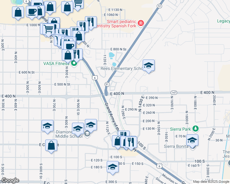 map of restaurants, bars, coffee shops, grocery stores, and more near 1192 East 440 North Street in Spanish Fork