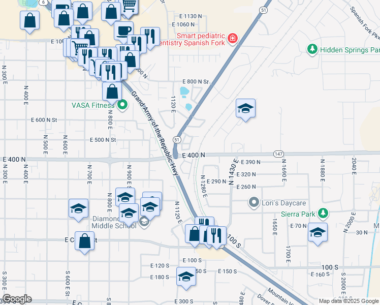 map of restaurants, bars, coffee shops, grocery stores, and more near 1192 East 440 North Street in Spanish Fork