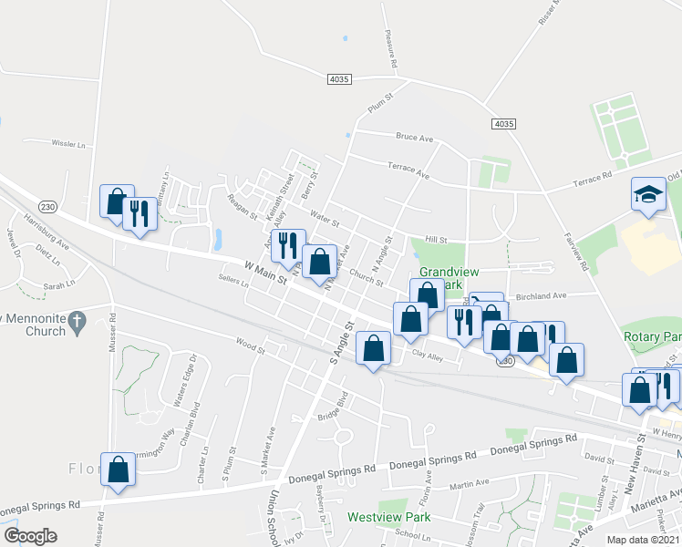 map of restaurants, bars, coffee shops, grocery stores, and more near 139 North Market Avenue in Mount Joy