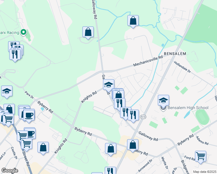 map of restaurants, bars, coffee shops, grocery stores, and more near 2369 Galloway Road in Bensalem