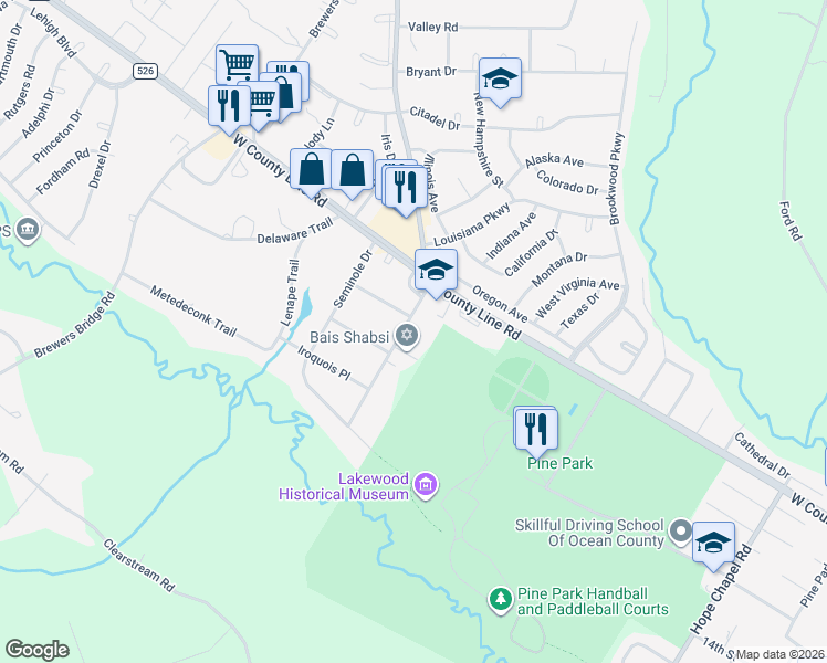 map of restaurants, bars, coffee shops, grocery stores, and more near 27 Pawnee Road in Lakewood