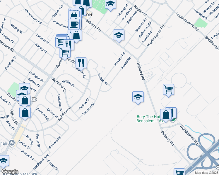 map of restaurants, bars, coffee shops, grocery stores, and more near 11870 Sewell Road in Philadelphia