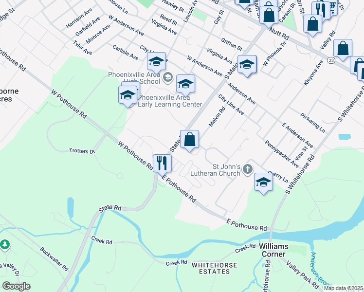 map of restaurants, bars, coffee shops, grocery stores, and more near 1411 State Road in Phoenixville