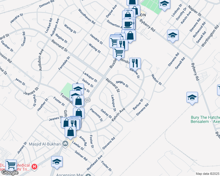 map of restaurants, bars, coffee shops, grocery stores, and more near 805 Larkspur Street in Philadelphia