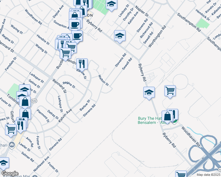 map of restaurants, bars, coffee shops, grocery stores, and more near 11870 Sewell Road in Philadelphia