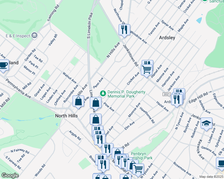 map of restaurants, bars, coffee shops, grocery stores, and more near 346 Central Avenue in Glenside