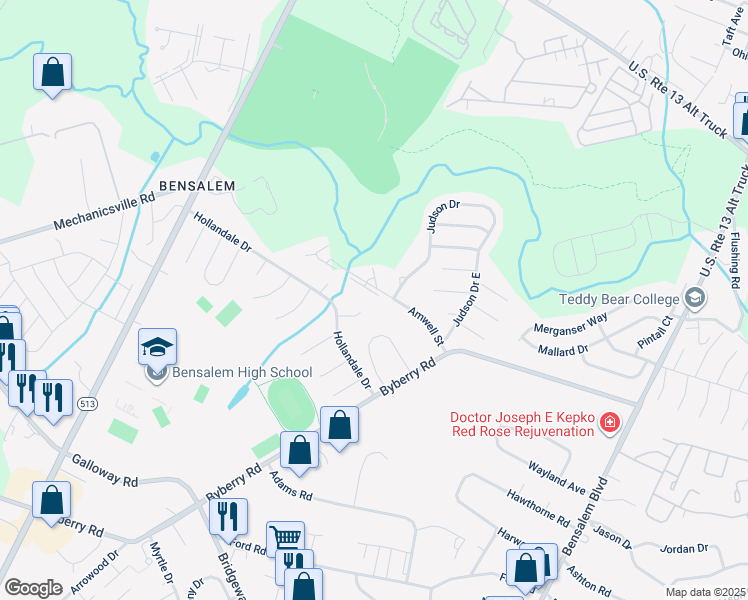 map of restaurants, bars, coffee shops, grocery stores, and more near 1602 Horace Court in Bucks County