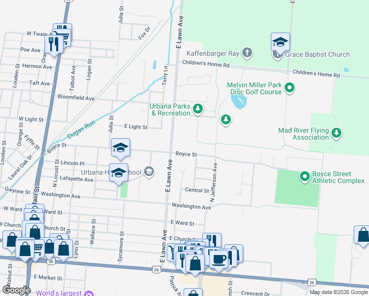 map of restaurants, bars, coffee shops, grocery stores, and more near 731 East Lawn Avenue in Urbana