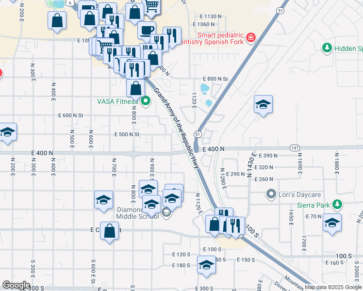 map of restaurants, bars, coffee shops, grocery stores, and more near 537 Lynnbrook Drive in Spanish Fork