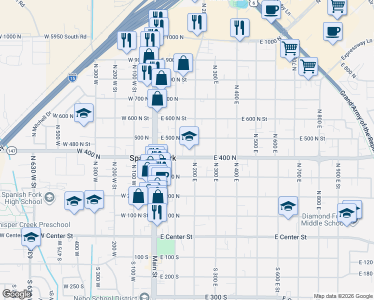 map of restaurants, bars, coffee shops, grocery stores, and more near 116 East 500 North in Spanish Fork