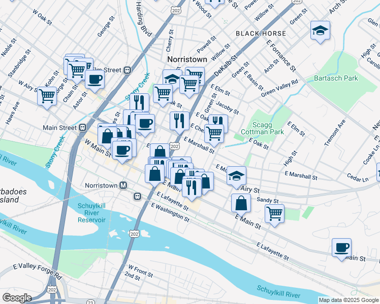 map of restaurants, bars, coffee shops, grocery stores, and more near 217 East Marshall Street in Norristown