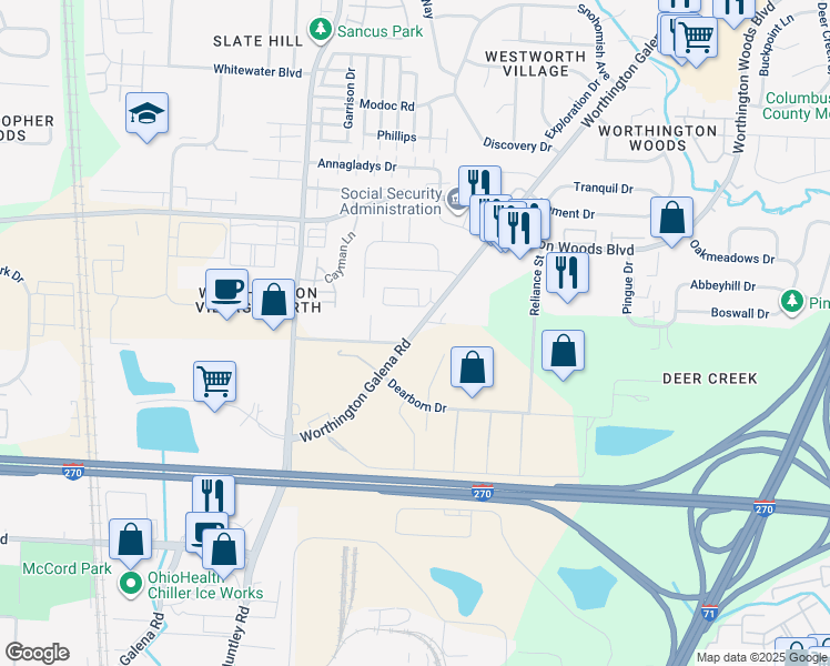 map of restaurants, bars, coffee shops, grocery stores, and more near 7500 Worthington Galena Road in Columbus