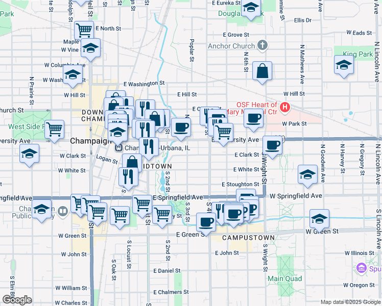 map of restaurants, bars, coffee shops, grocery stores, and more near 307 East University Avenue in Champaign