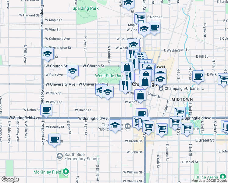 map of restaurants, bars, coffee shops, grocery stores, and more near 309 West University Avenue in Champaign