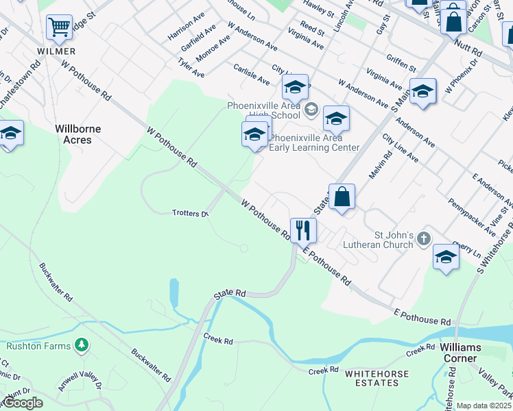 map of restaurants, bars, coffee shops, grocery stores, and more near 27 W Pothouse Rd in Phoenixville
