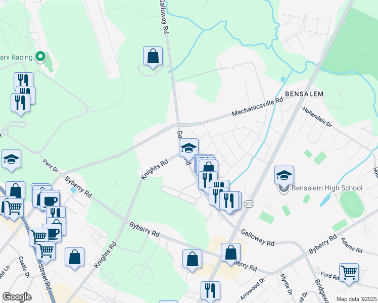 map of restaurants, bars, coffee shops, grocery stores, and more near 2369 Galloway Road in Bensalem