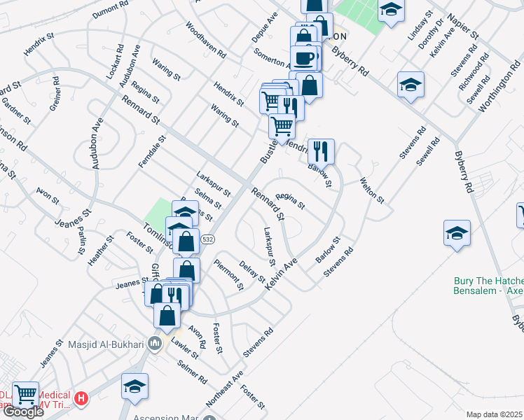 map of restaurants, bars, coffee shops, grocery stores, and more near 805 Larkspur Street in Philadelphia