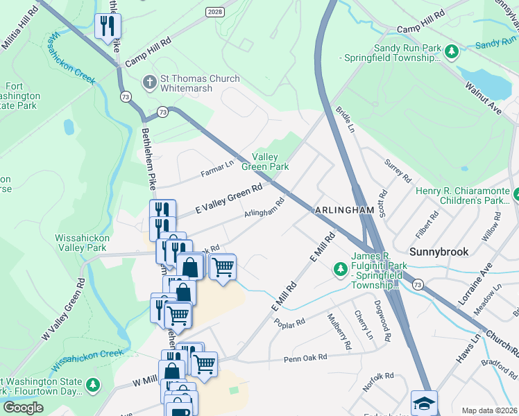 map of restaurants, bars, coffee shops, grocery stores, and more near 6350 East Valley Green Road in Flourtown