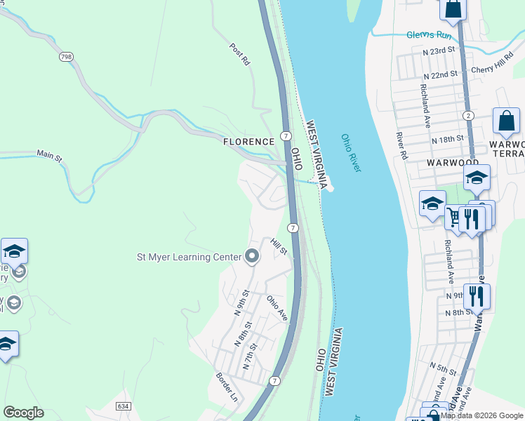 map of restaurants, bars, coffee shops, grocery stores, and more near 625 Ivy Lane in Martins Ferry