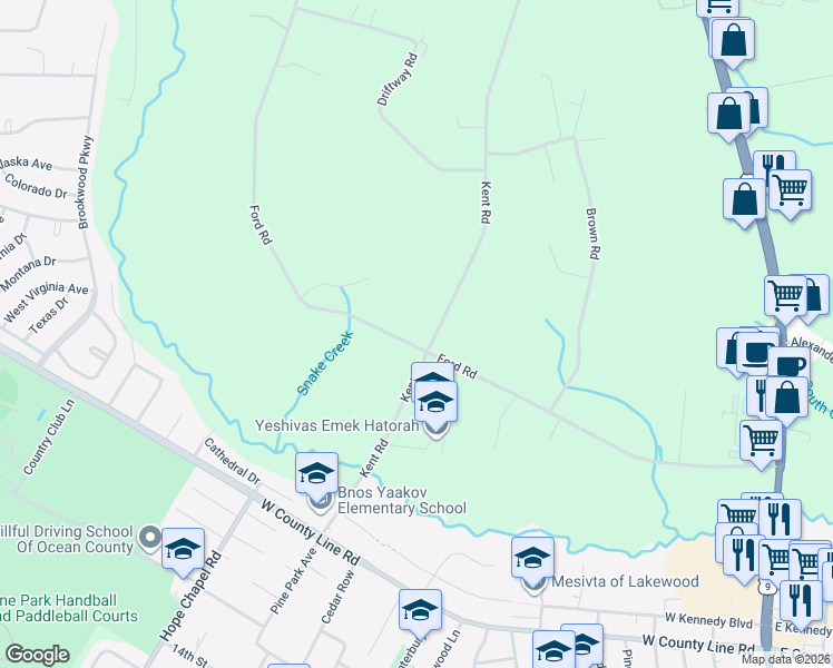 map of restaurants, bars, coffee shops, grocery stores, and more near 257 Ford Road in Howell Township