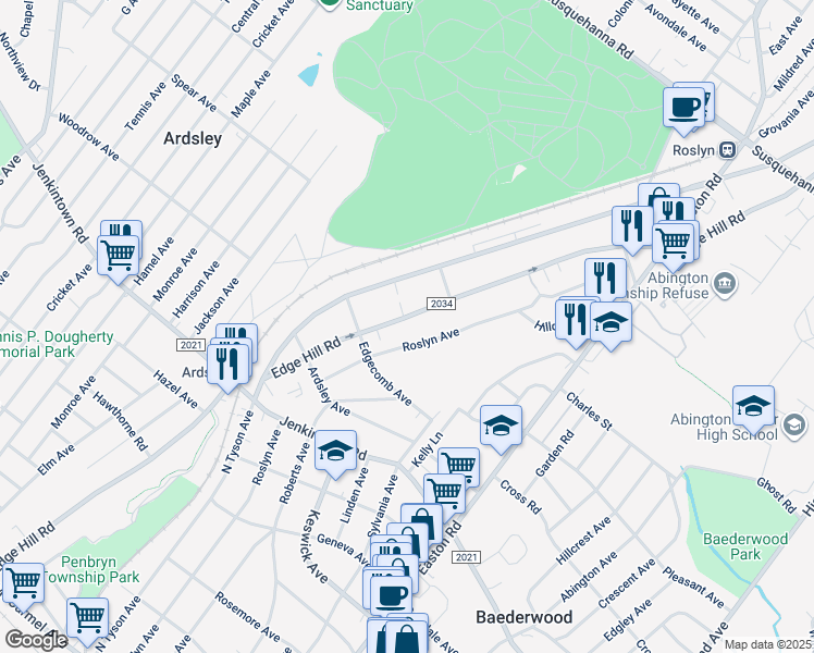 map of restaurants, bars, coffee shops, grocery stores, and more near 687 Edge Hill Road in Glenside
