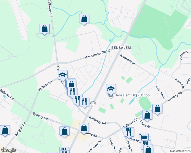 map of restaurants, bars, coffee shops, grocery stores, and more near 4415 Remo Crescent Road in Bensalem