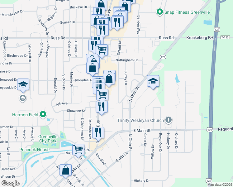 map of restaurants, bars, coffee shops, grocery stores, and more near 113-115 Oxford Drive in Greenville