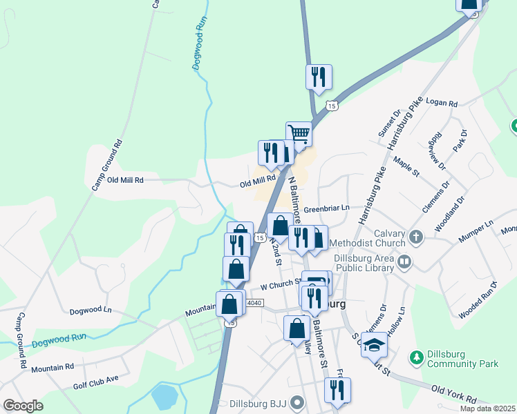 map of restaurants, bars, coffee shops, grocery stores, and more near 305 North U.S. 15 in Dillsburg