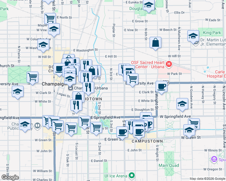map of restaurants, bars, coffee shops, grocery stores, and more near 307 East University Avenue in Champaign