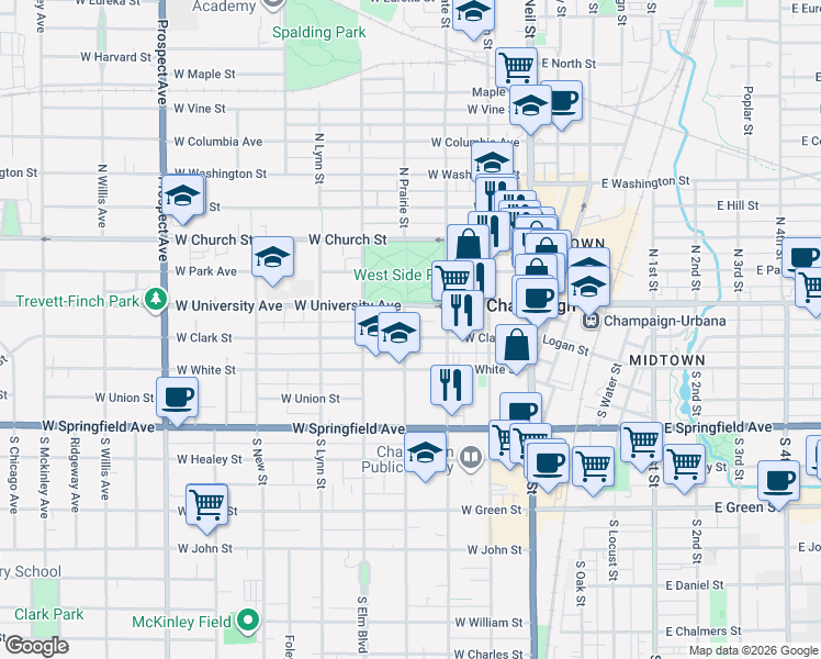 map of restaurants, bars, coffee shops, grocery stores, and more near 312 West Clark Street in Champaign