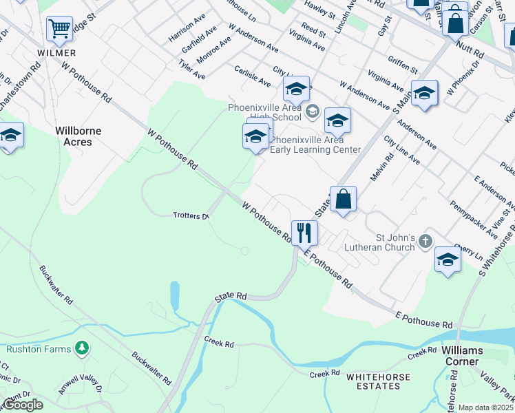 map of restaurants, bars, coffee shops, grocery stores, and more near 27 W Pothouse Rd in Phoenixville