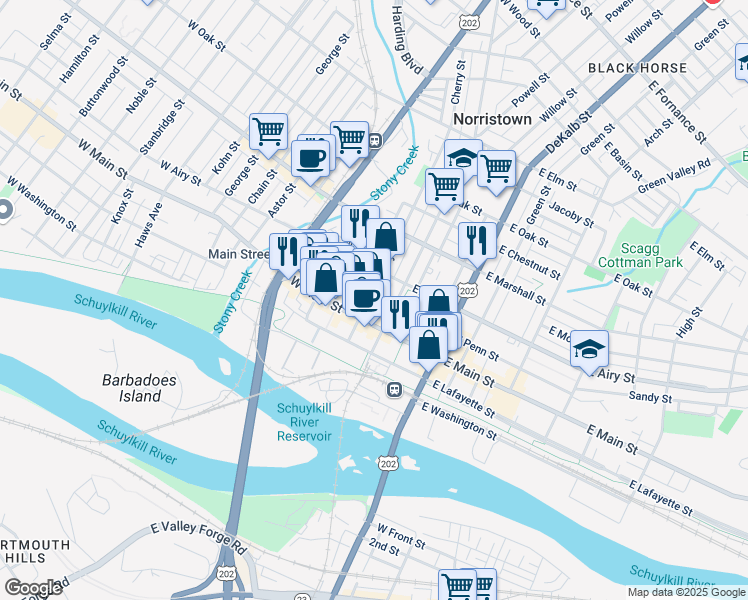 map of restaurants, bars, coffee shops, grocery stores, and more near 411 Cherry Street in Norristown