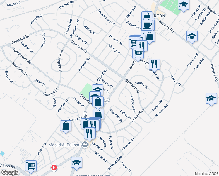 map of restaurants, bars, coffee shops, grocery stores, and more near 558 Selma Street in Philadelphia