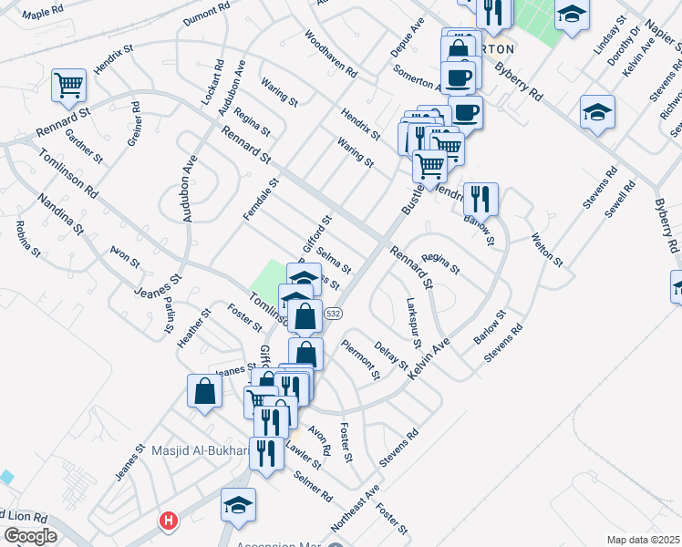 map of restaurants, bars, coffee shops, grocery stores, and more near 558 Selma Street in Philadelphia